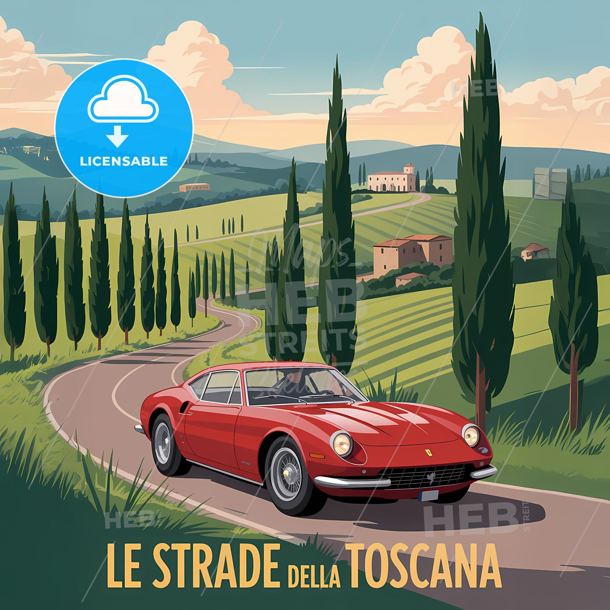 Charmed Journey Through Tuscany: Vintage-Style Cypress & Ferrari Landscape