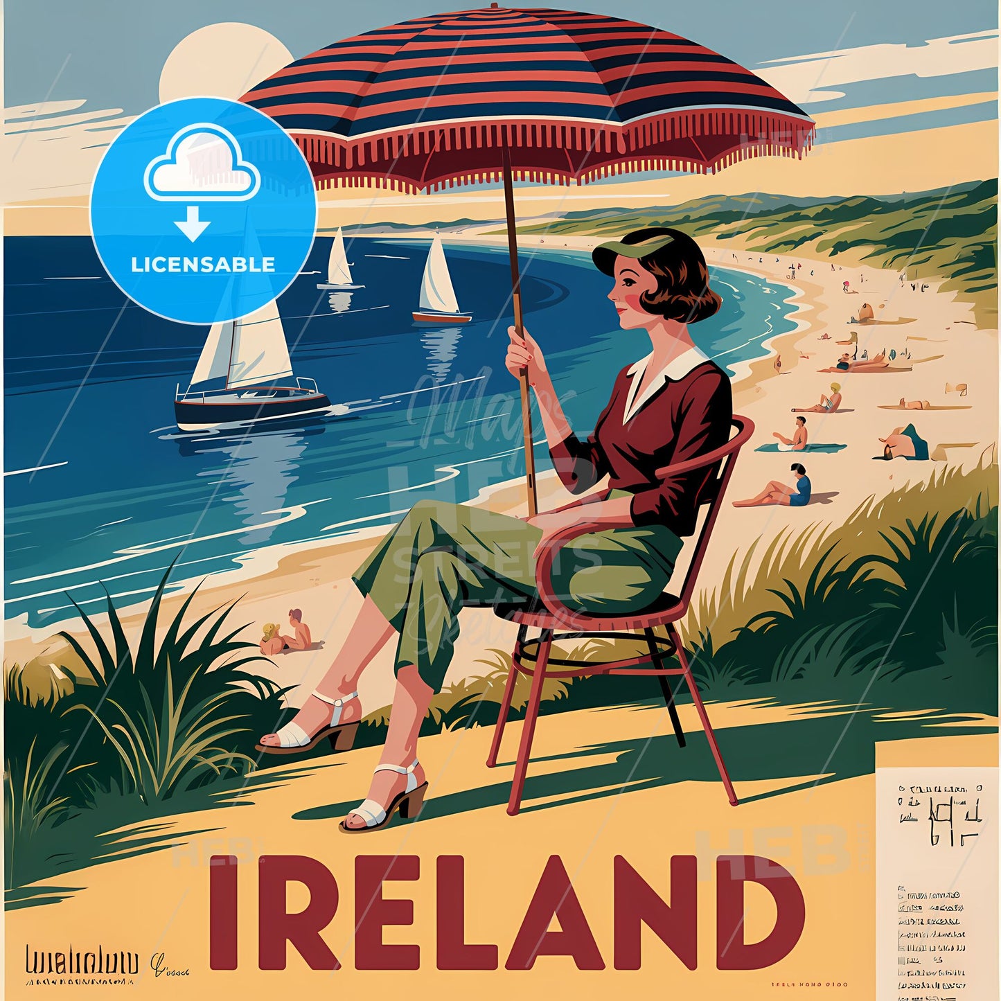 Charming 1930s Vintage Ireland Beach Escape Travel Poster
