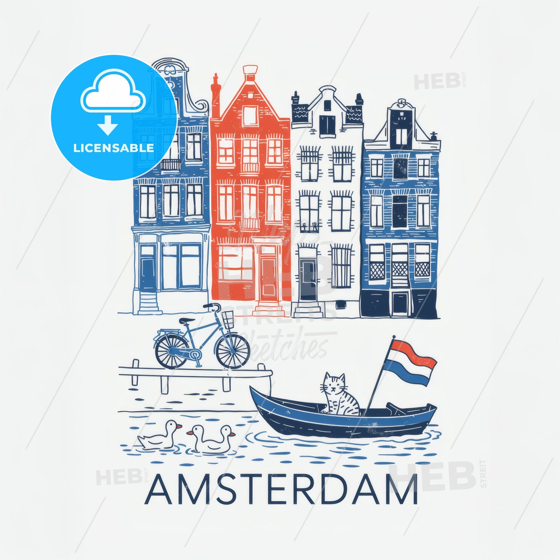 Charming Amsterdam Canal Houses: A Vibrant Linocut-Inspired Folk Art Print