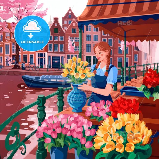 Charming Amsterdam Canal Scene: Vibrant Flowers & Classic Dutch Architecture