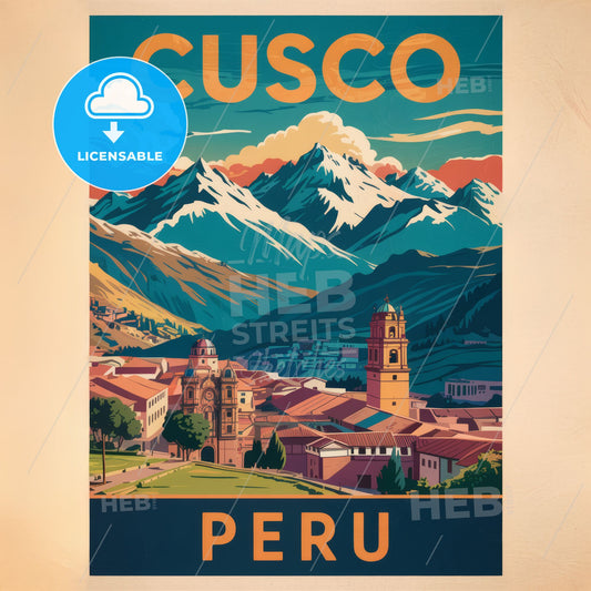 Charming Cusco: Vintage Travel Poster Art of Peru's Colonial Splendor & Mountains