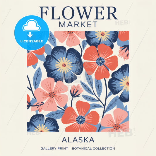 Charming Floral Pattern Art Print - Coral, Navy & Yellow - Rustic Botanical Decor