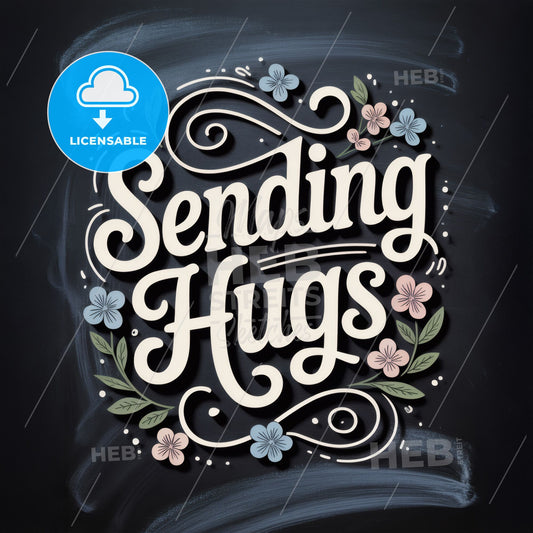 Charming Hand-Lettered Design: 'Sending Hugs' with Delicate Floral Elements on a Chalkboard Background