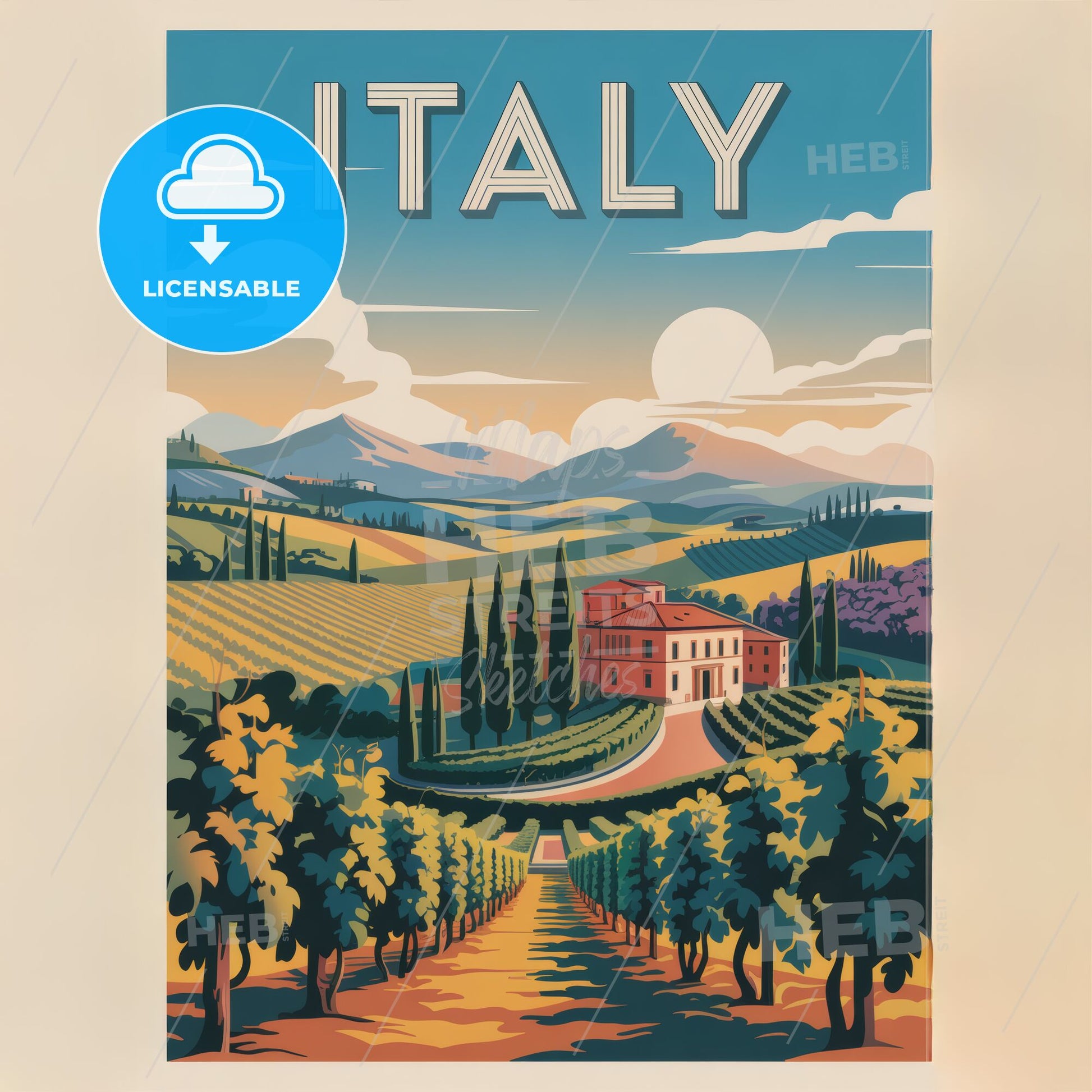 Charming Italian Countryside: Retro Art Deco Travel Poster Print of Italy