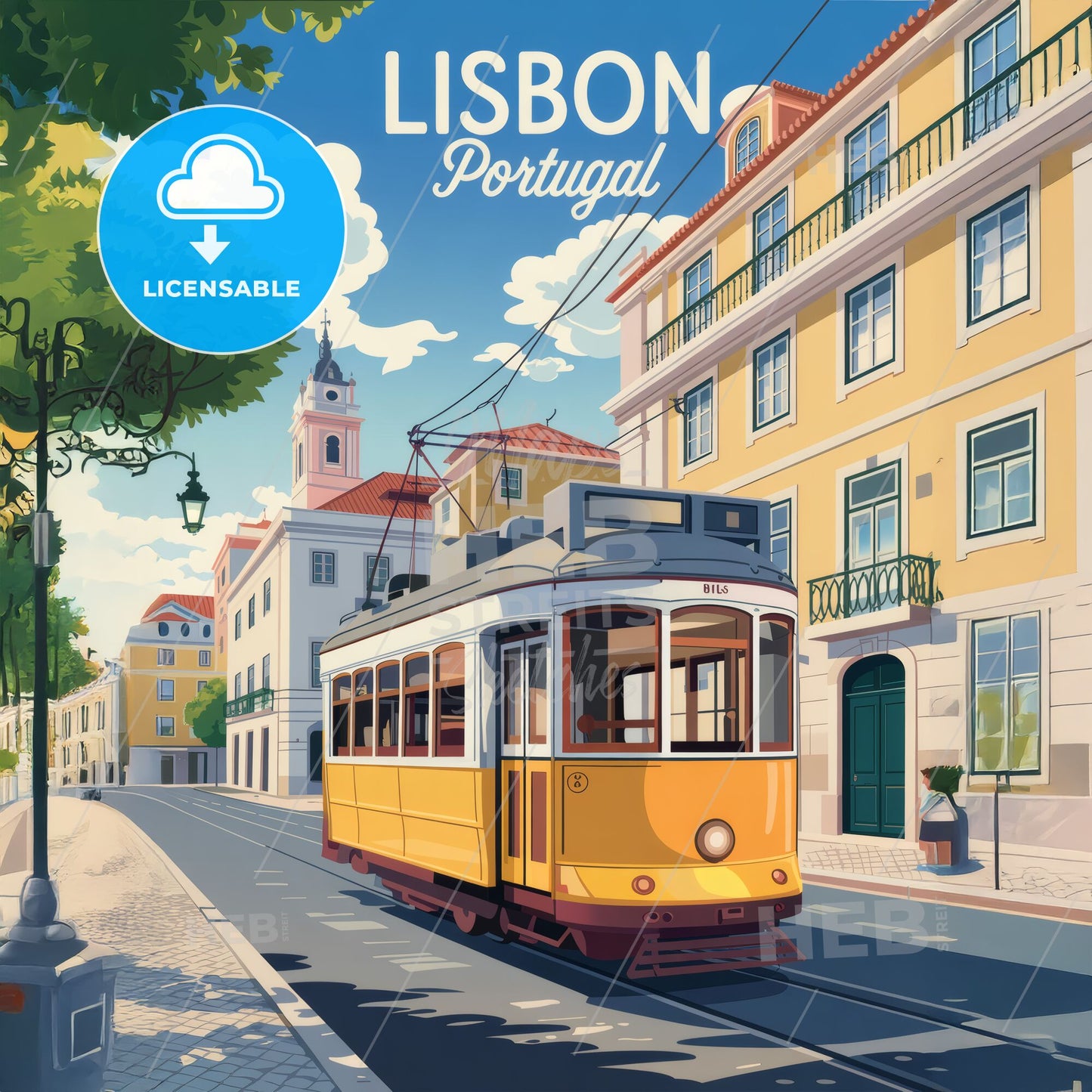 Charming Lisbon: Retro Travel Poster with Iconic Tram and Stunning Architecture