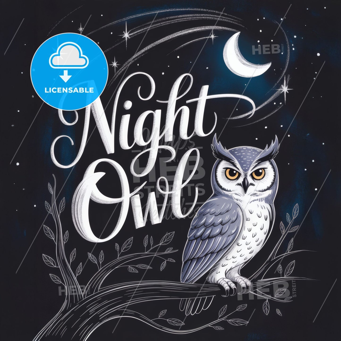Charming Night Owl Illustration with Whimsical Typography and Starry Background, Perfect for Dreamers and Night Owls.