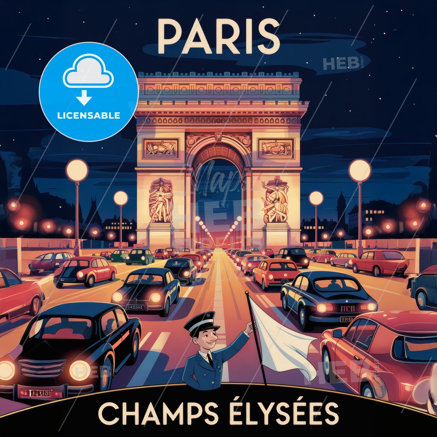 Charming Retro Paris Travel Poster: Arc de Triomphe Under Starry Night Bliss