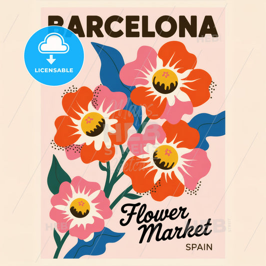 Charming Vintage Barcelona Travel Poster: Retro Flowers on Pink Background