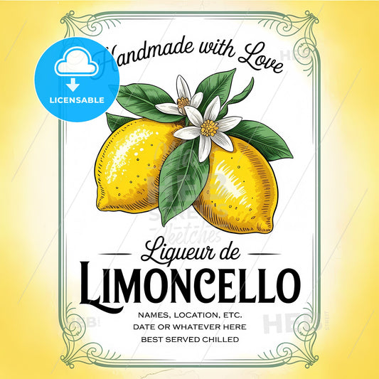 Charming Vintage Limoncello Label Art with Elegant Lemons and Floral Accents
