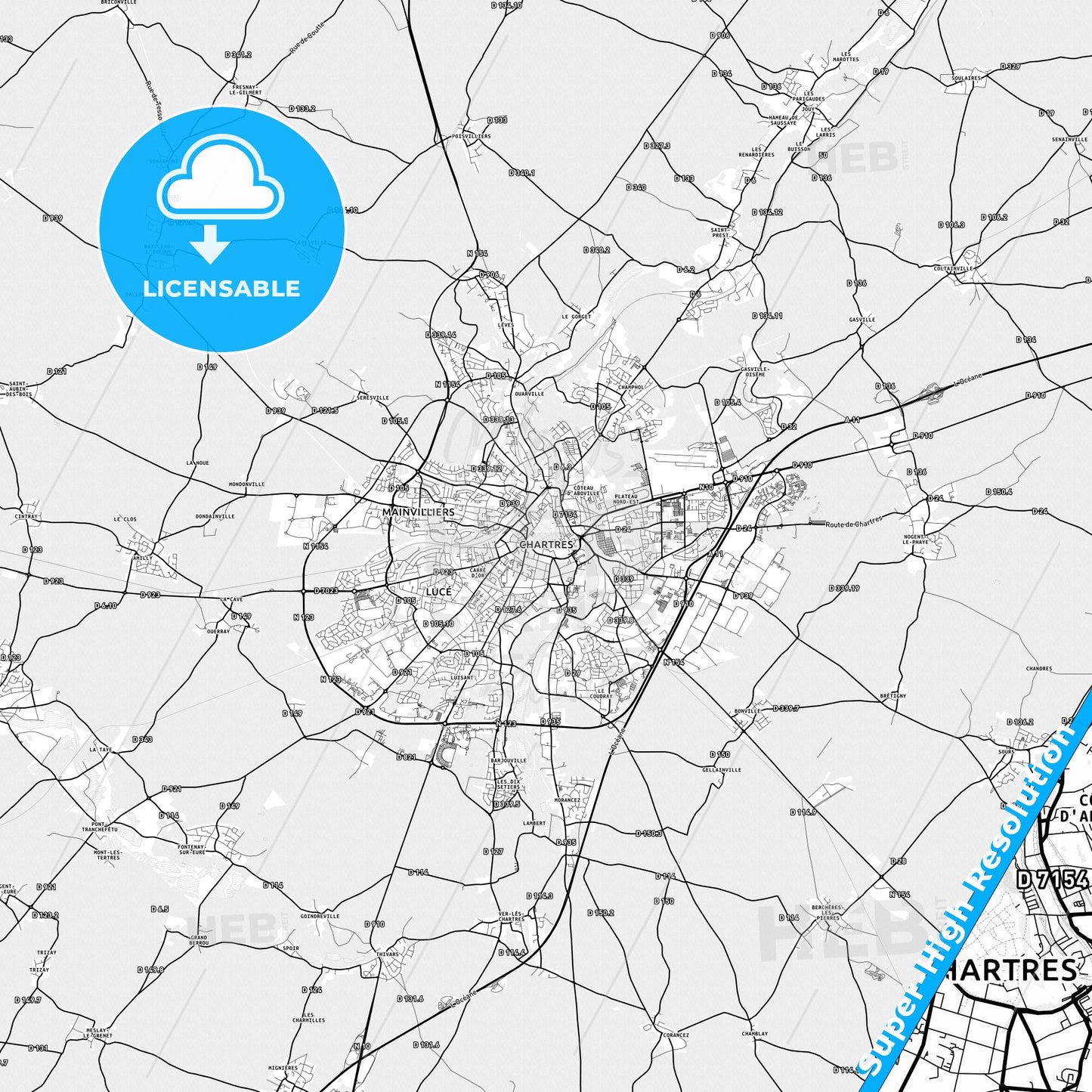 Chartres, France light map with streetnames, citynames and districts