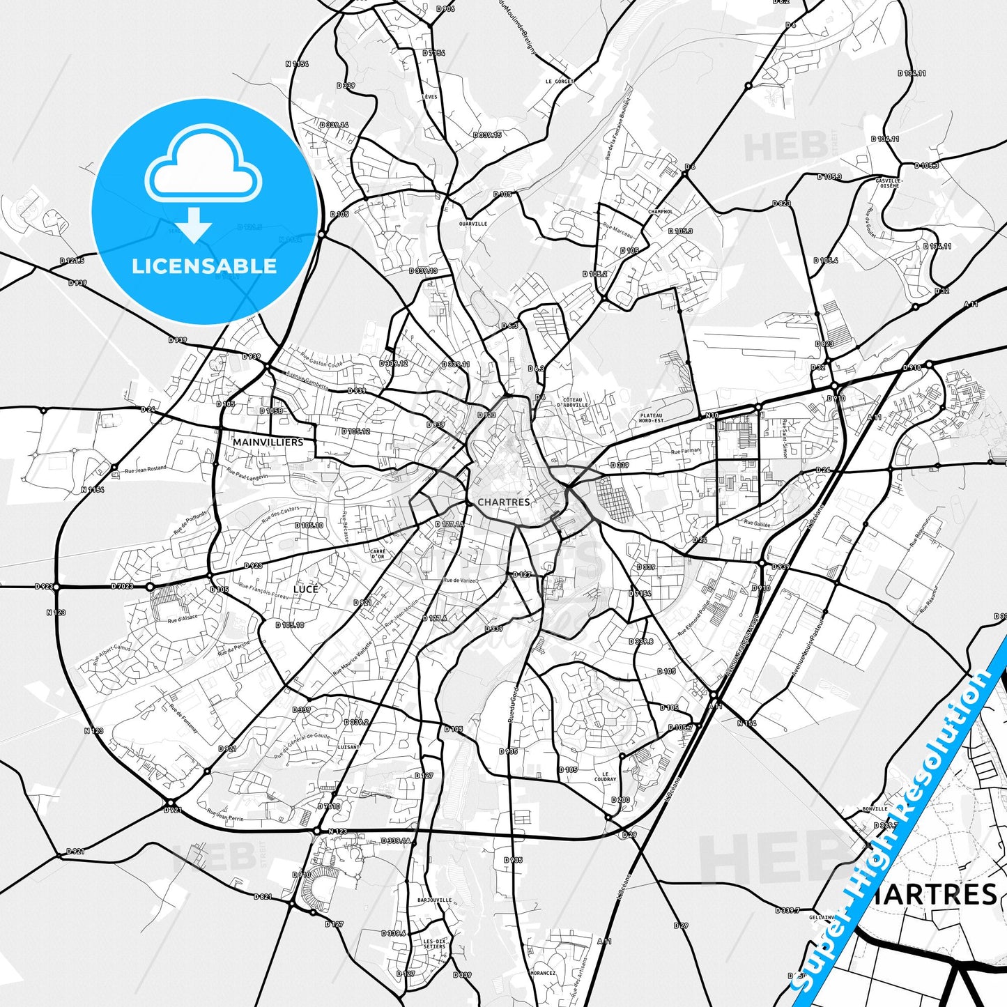 Chartres, France Light Map with Street Names, City Names, and Districts