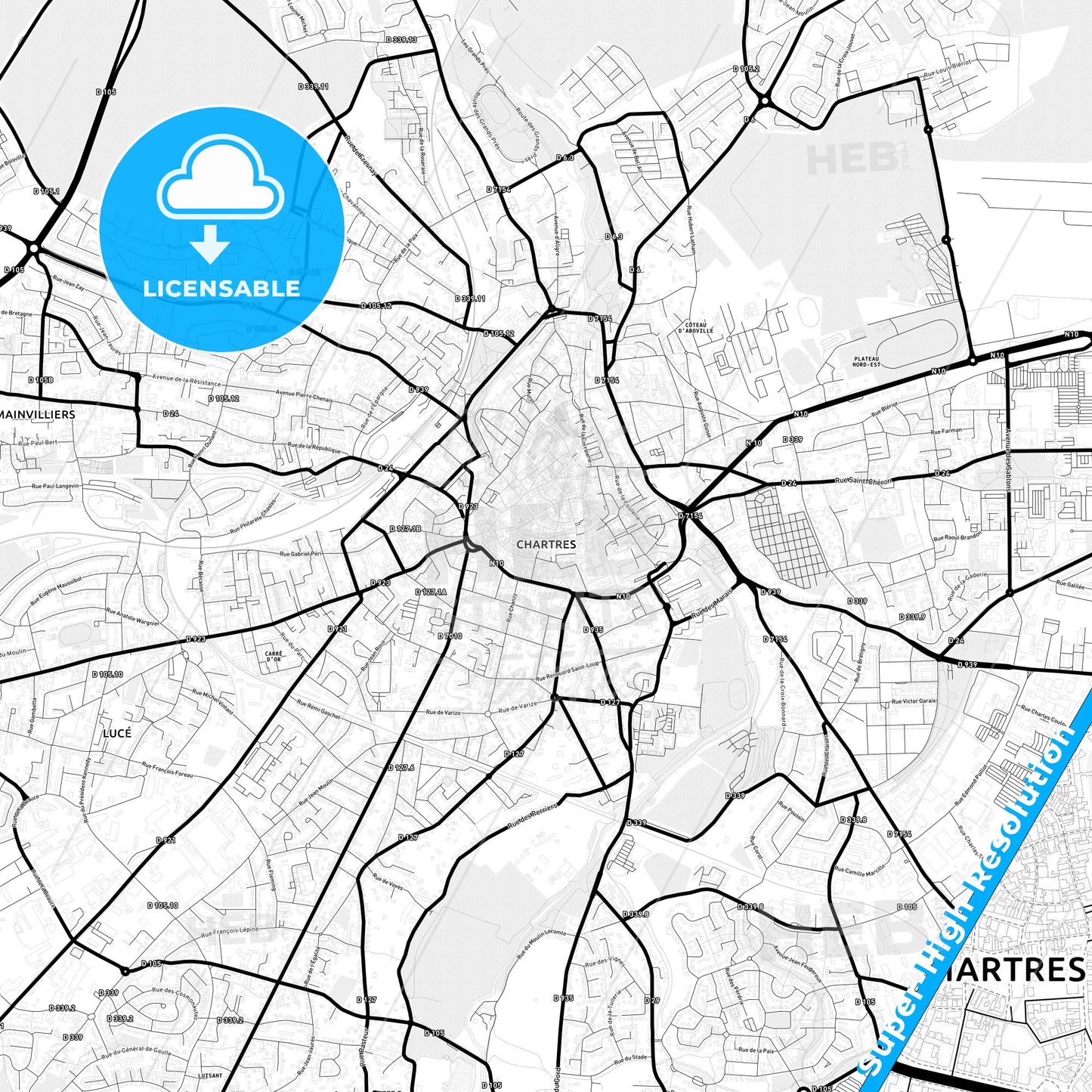 Chartres, France Light Map with Street Names, City Names, and Districts