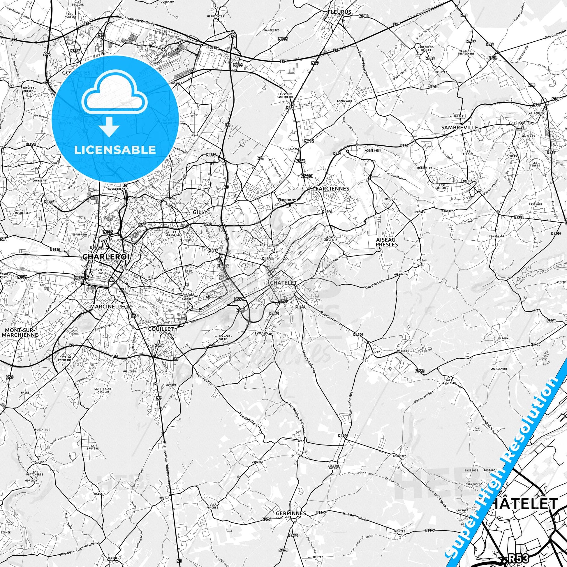 Châtelet, Belgium light map with streetnames, citynames and districts