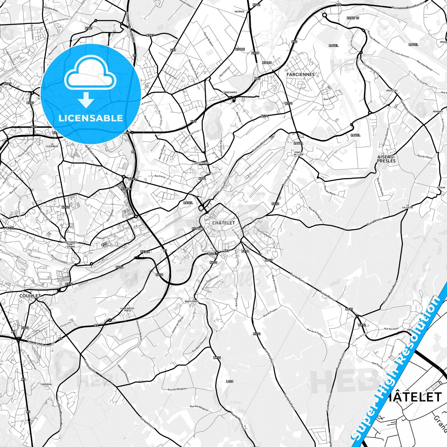 Châtelet, Belgium Light Map with Street Names, City Names, and Districts