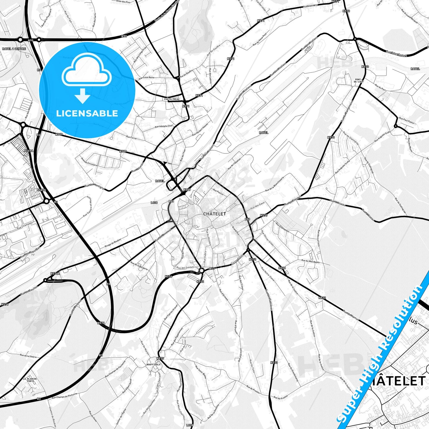 Châtelet, Belgium Light Map with Street Names, City Names, and Districts
