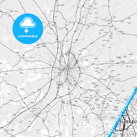 Châtellerault, France light map with streetnames, citynames and districts