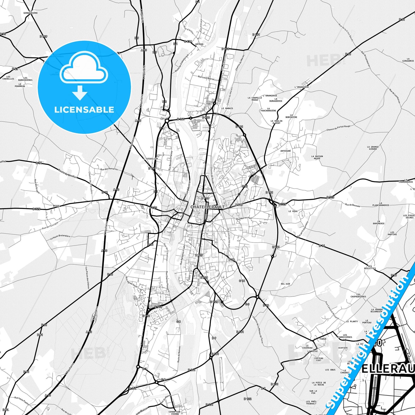 Châtellerault, France Light Map with Street Names, City Names, and Districts