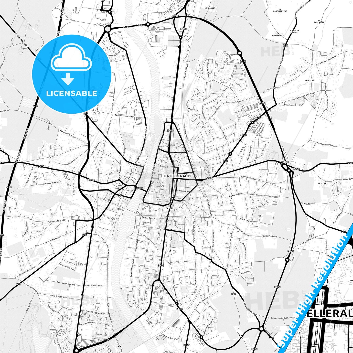 Châtellerault, France Light Map with Street Names, City Names, and Districts