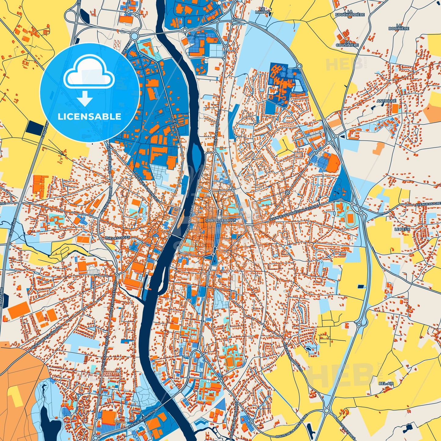 Colorful Châtellerault Street Map with Labels and Buildings