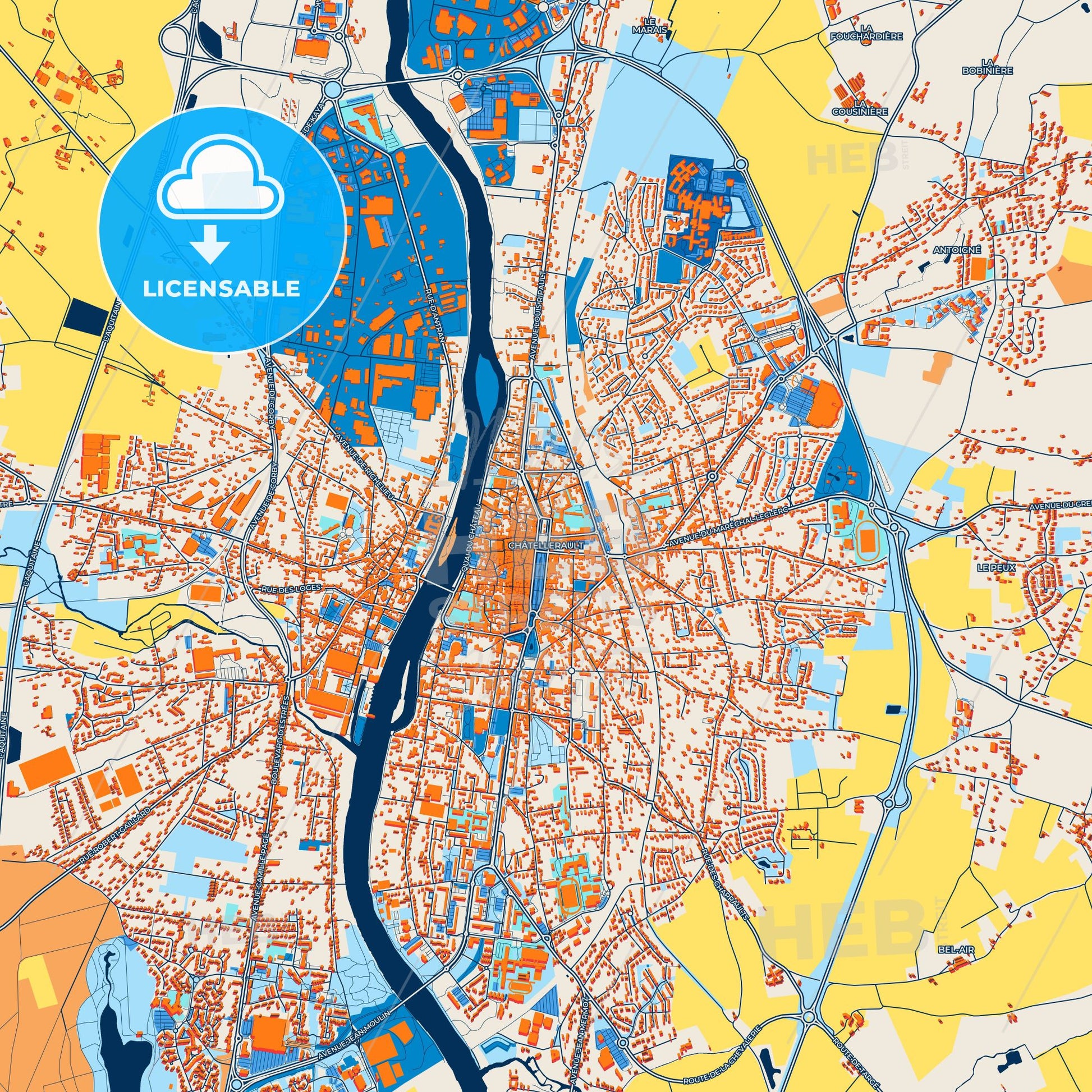 Colorful Châtellerault Street Map with Labels and Buildings