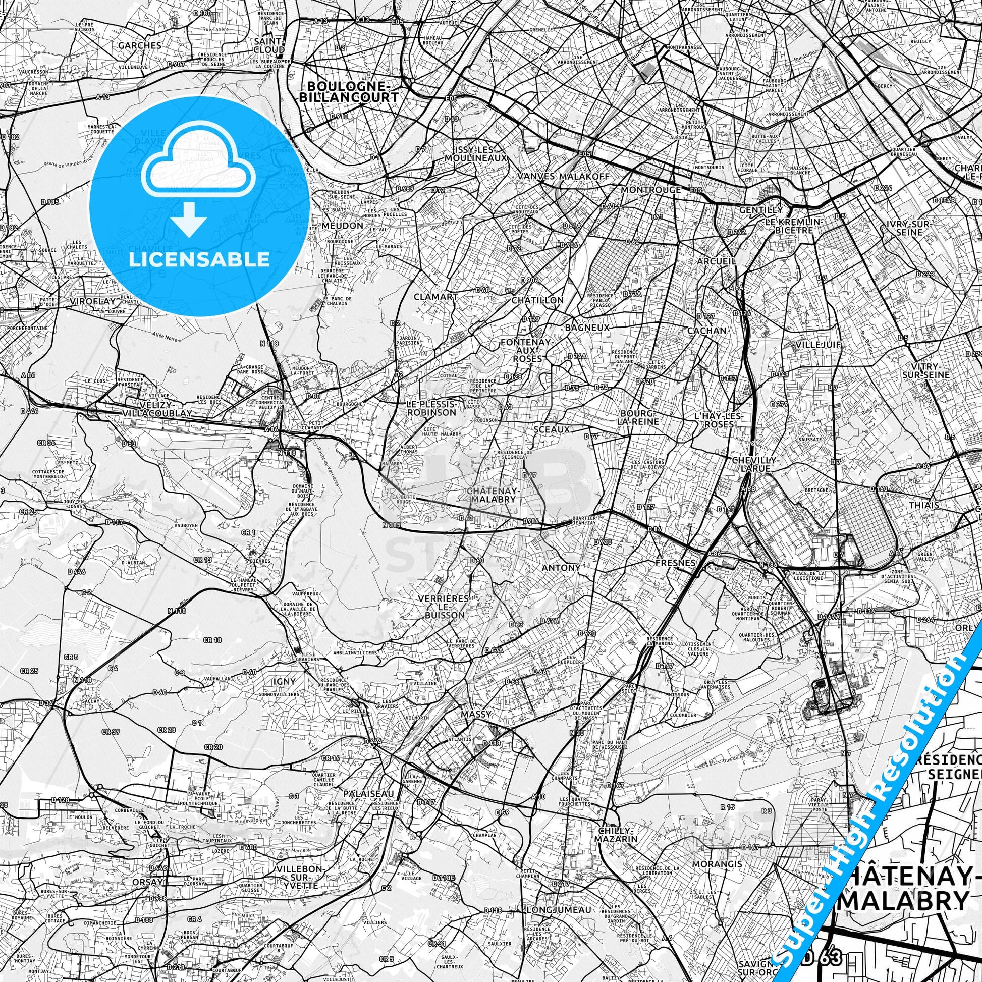 Châtenay-Malabry, France light map with streetnames, citynames and districts