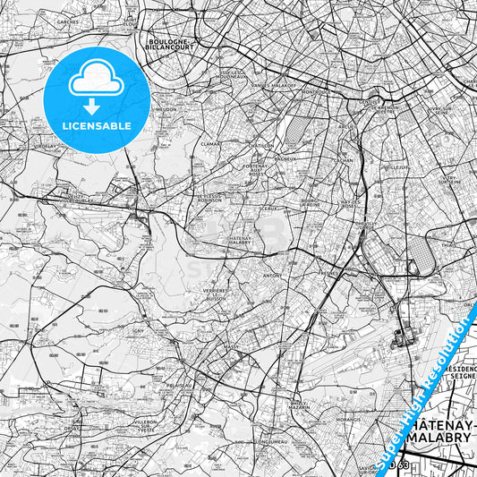 Châtenay-Malabry, France light map with streetnames, citynames and districts
