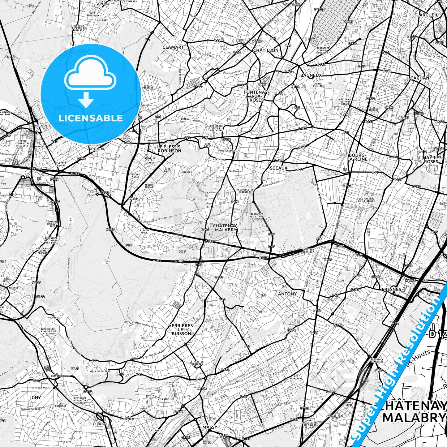 Châtenay-Malabry, France Light Map with Street Names, City Names, and Districts