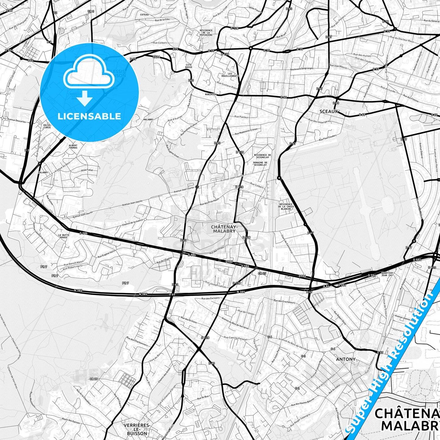 Châtenay-Malabry, France Light Map with Street Names, City Names, and Districts