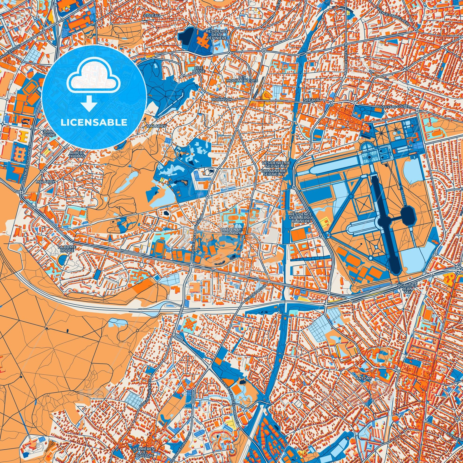 Colorful Châtenay-Malabry Street Map with Labels and Buildings