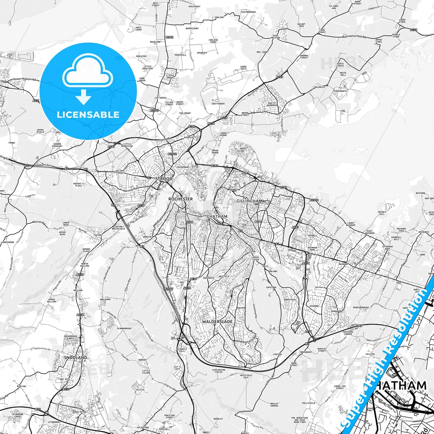 Chatham, England light map with streetnames, citynames and districts