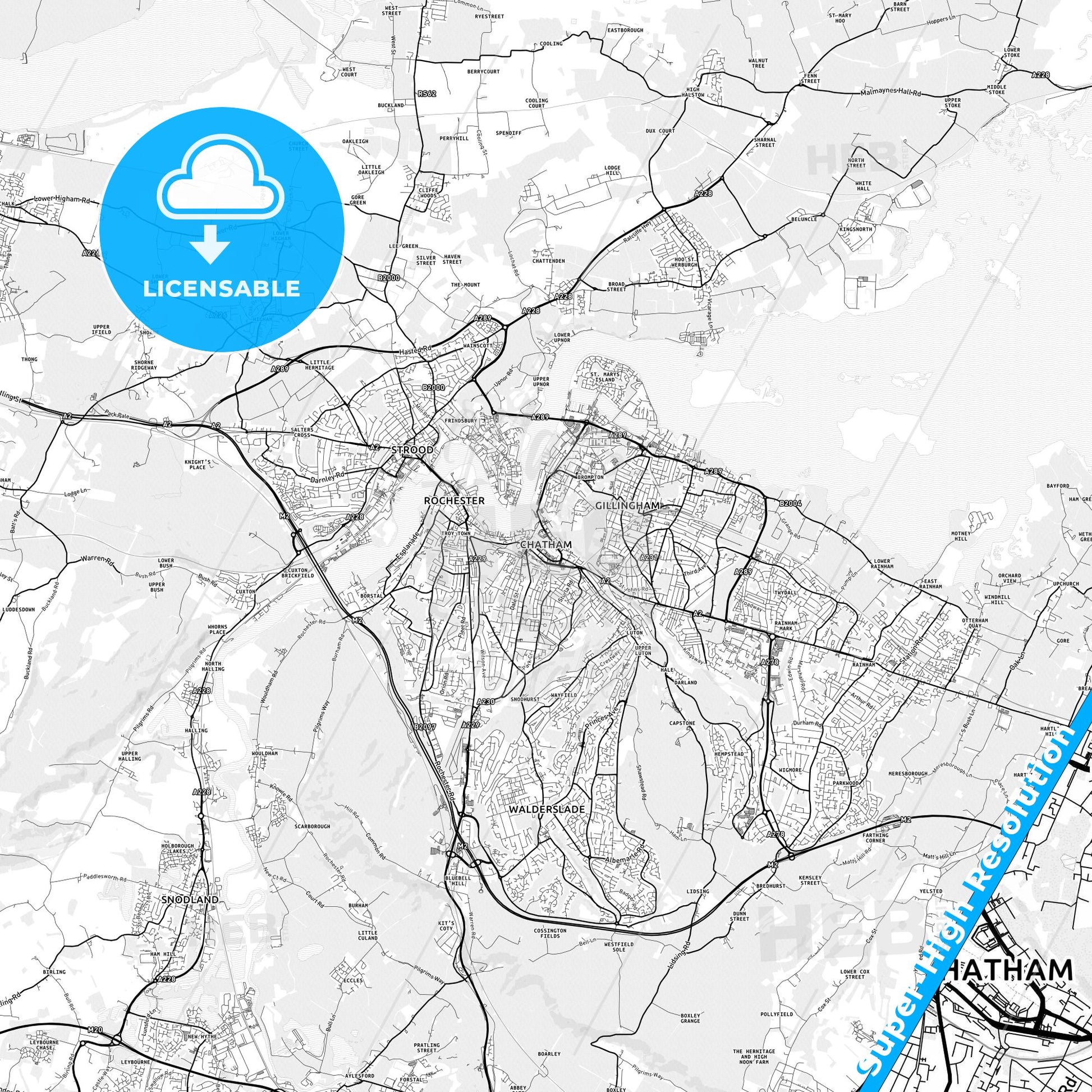 Chatham, England light map with streetnames, citynames and districts