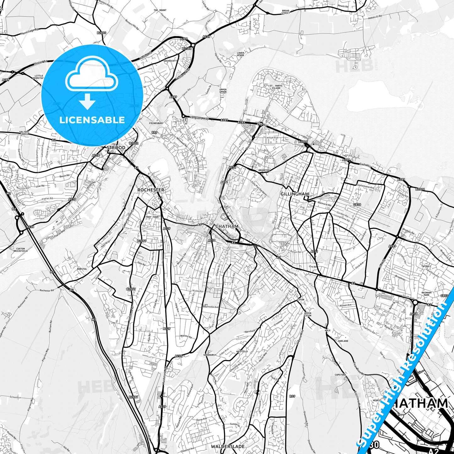 Chatham, England Light Map with Street Names, City Names, and Districts