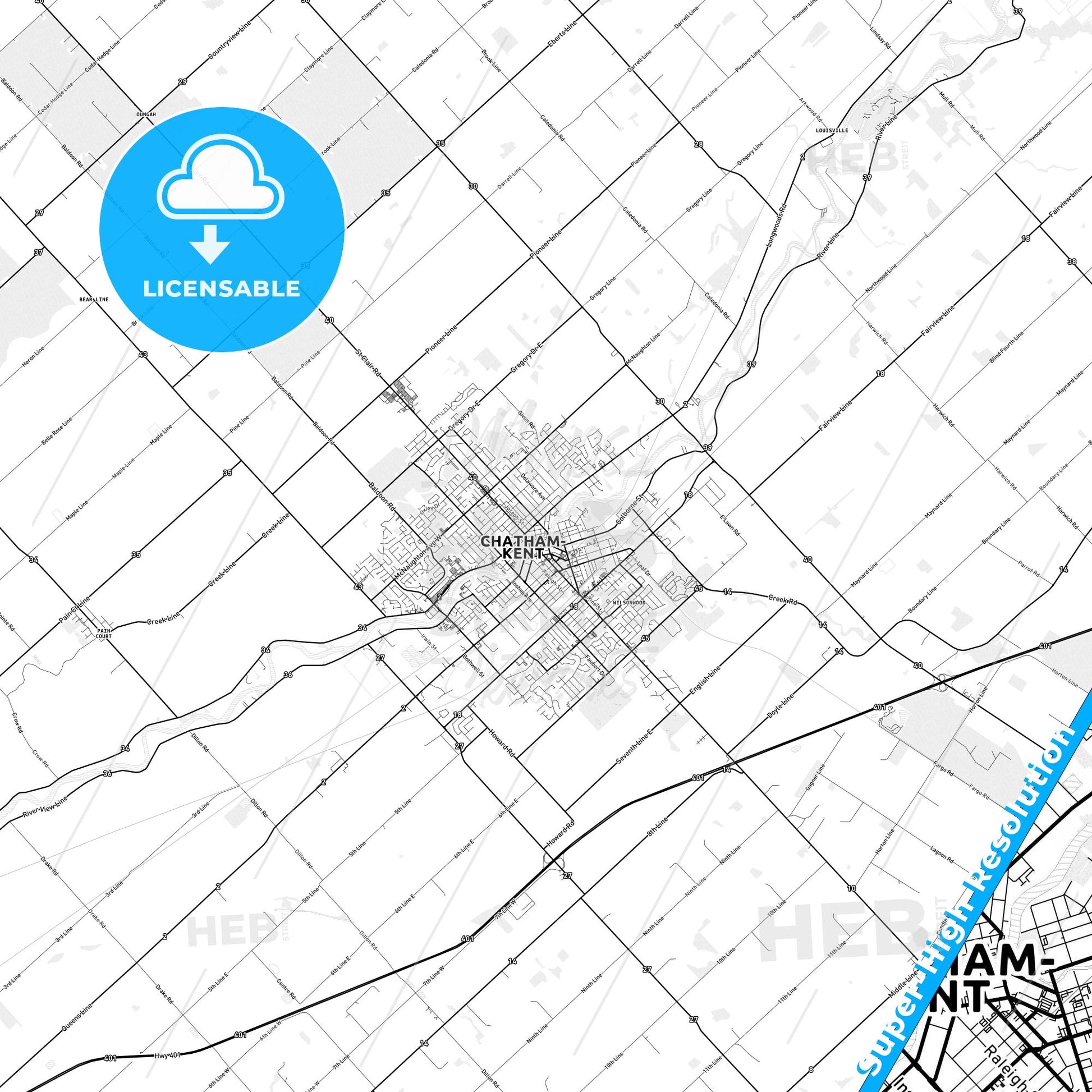 Chatham-Kent, Canada light map with streetnames, citynames and districts