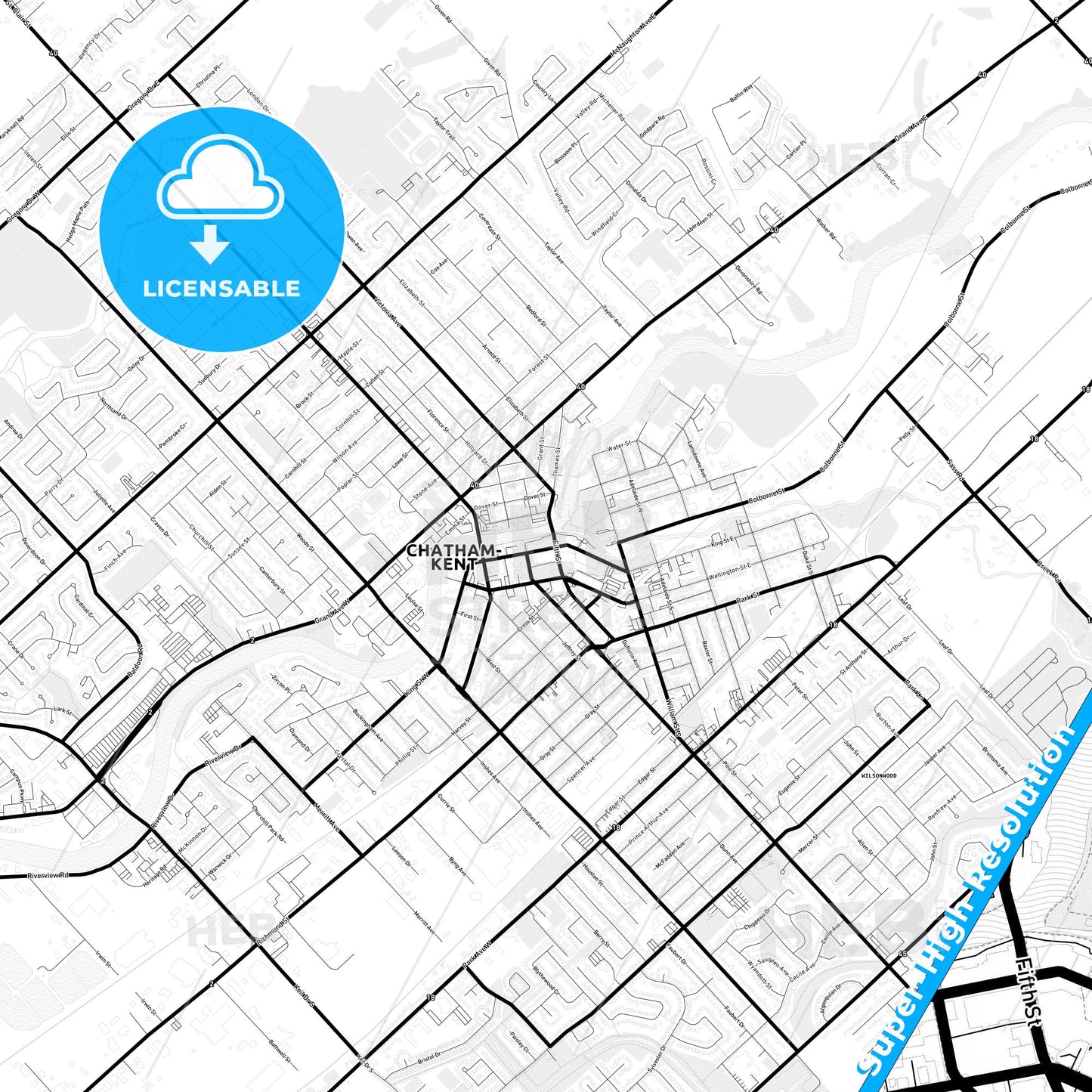 Chatham-Kent, Canada Light Map with Street Names, City Names, and Districts