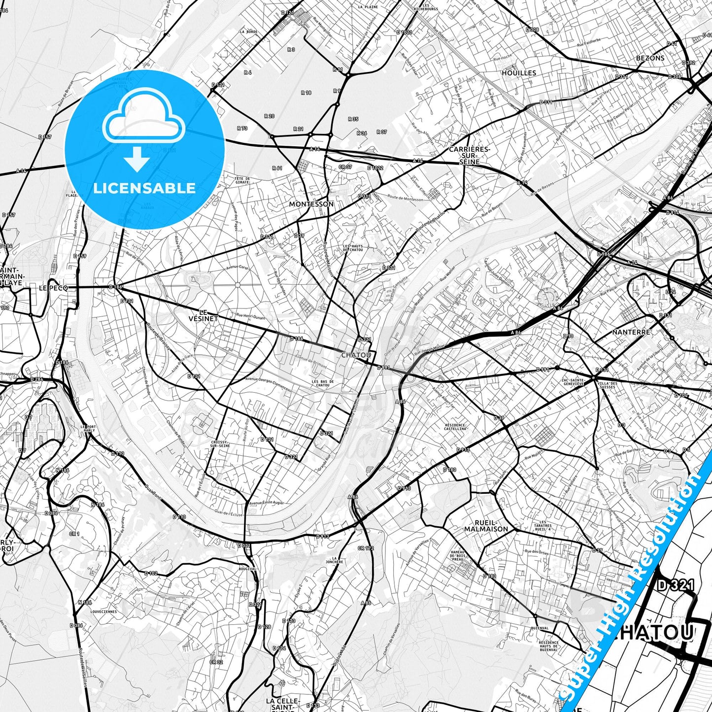 Chatou, France Light Map with Street Names, City Names, and Districts