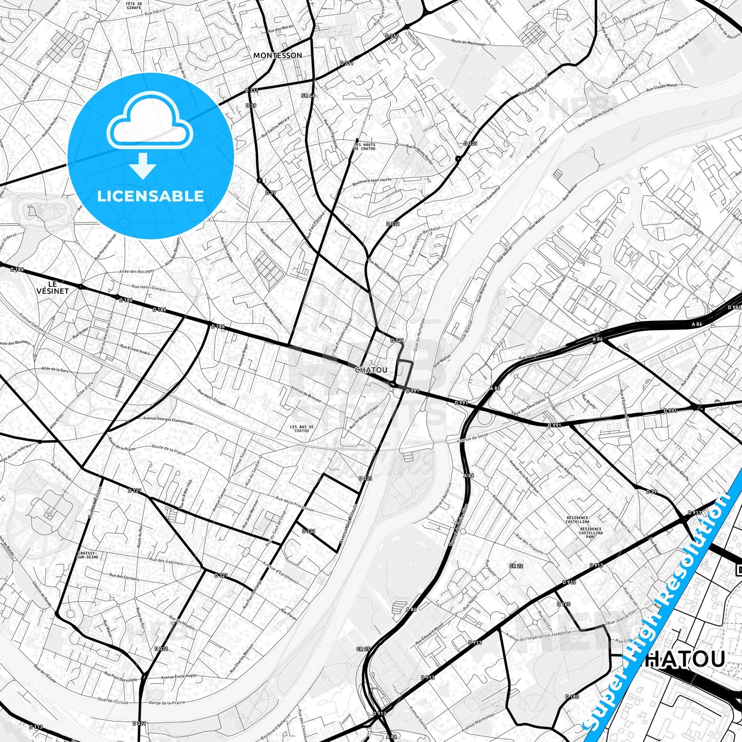 Chatou, France Light Map with Street Names, City Names, and Districts