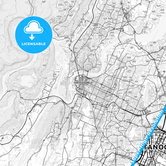 Chattanooga, Tennessee light map with streetnames, citynames and districts