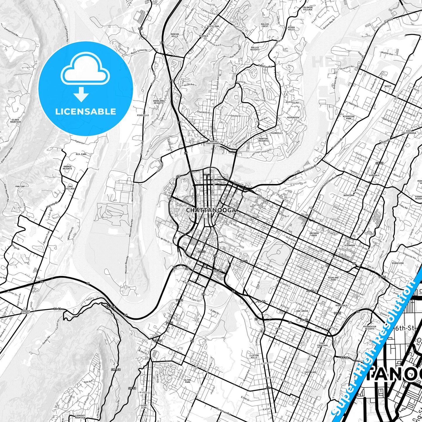 Chattanooga, Tennessee Light Map with Street Names, City Names, and Districts