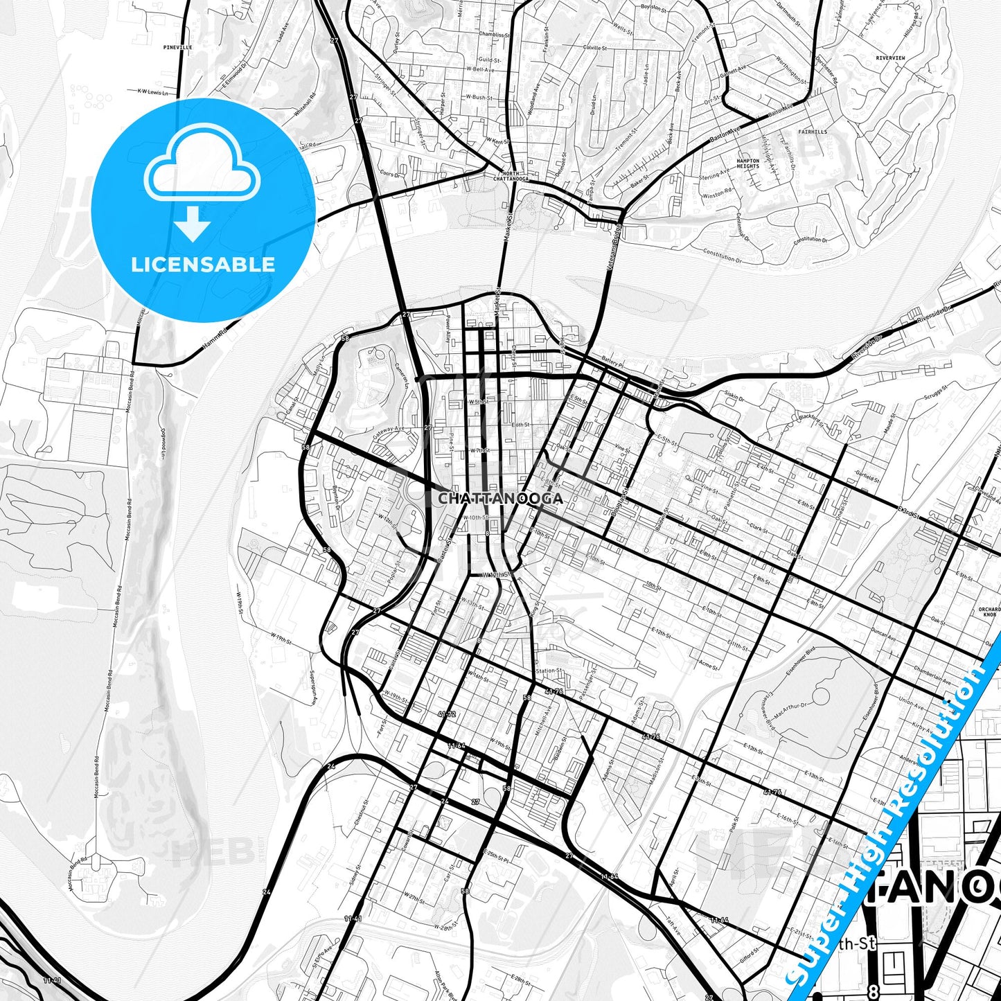 Chattanooga, Tennessee Light Map with Street Names, City Names, and Districts