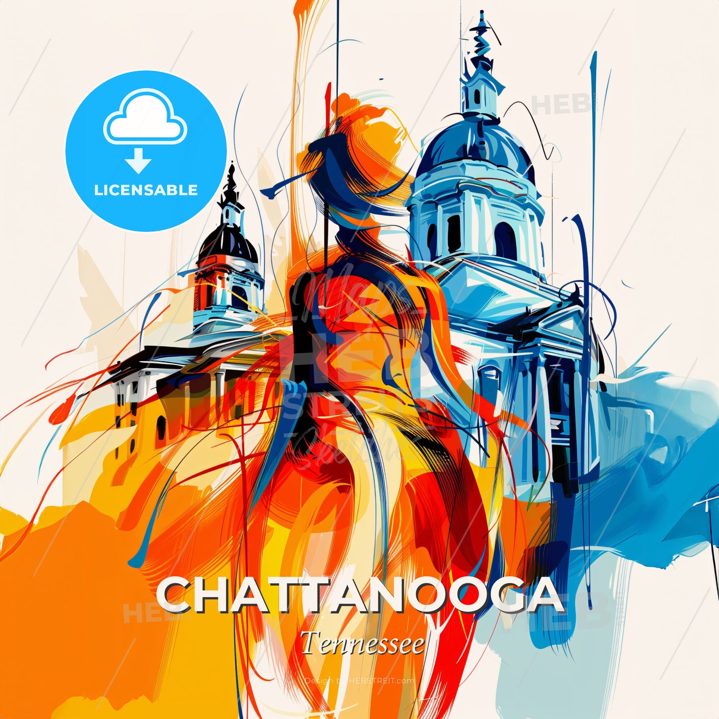 Vibrant Chattanooga, Tennessee - A Painting Of A Woman In A Dress And A Building - Square format print template