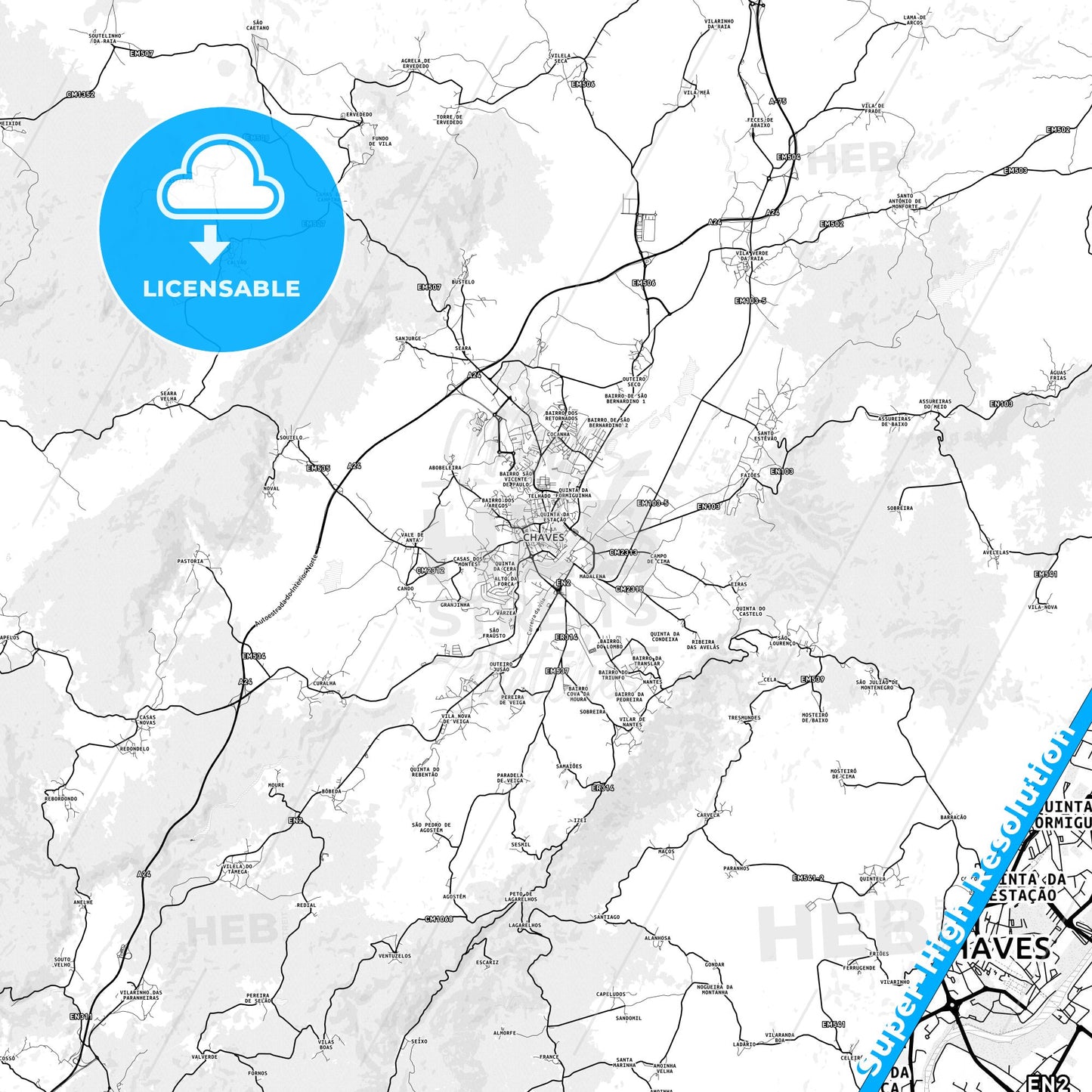 Chaves, Portugal light map with streetnames, citynames and districts