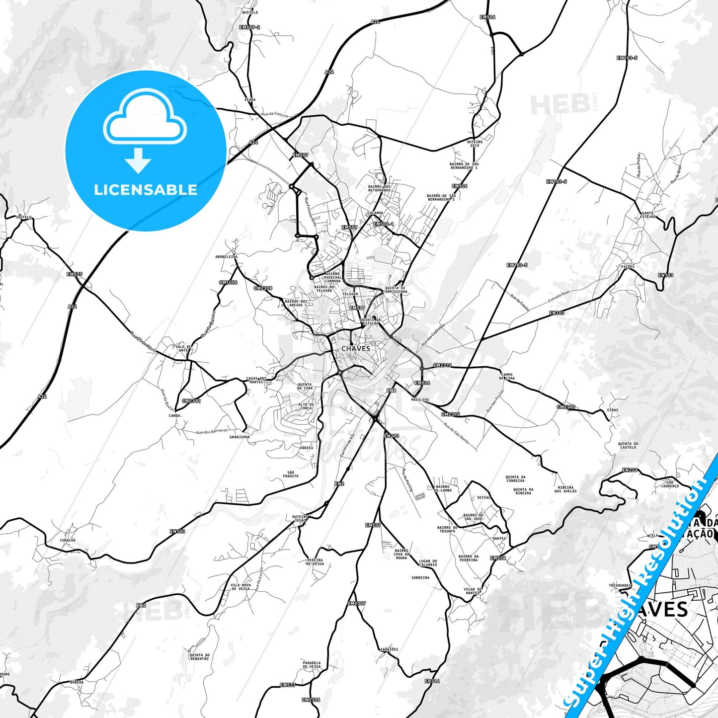Chaves, Portugal Light Map with Street Names, City Names, and Districts