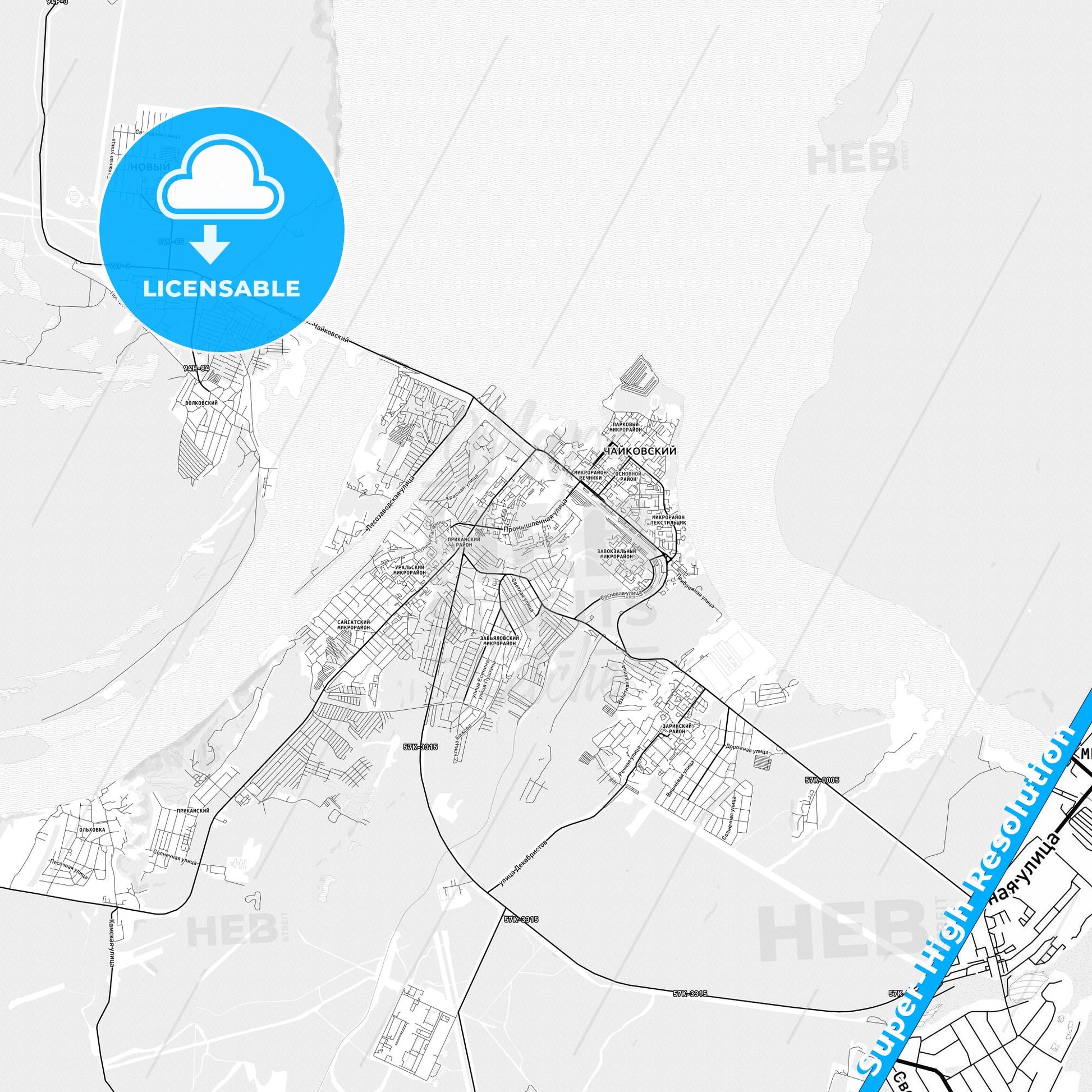 Chaykovsky, Russia light map with streetnames, citynames and districts
