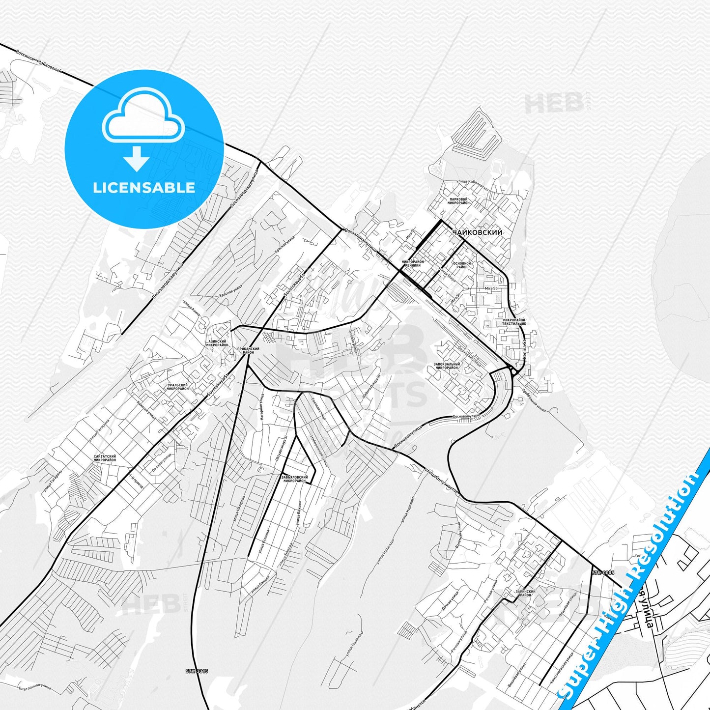 Chaykovsky, Russia Light Map with Street Names, City Names, and Districts