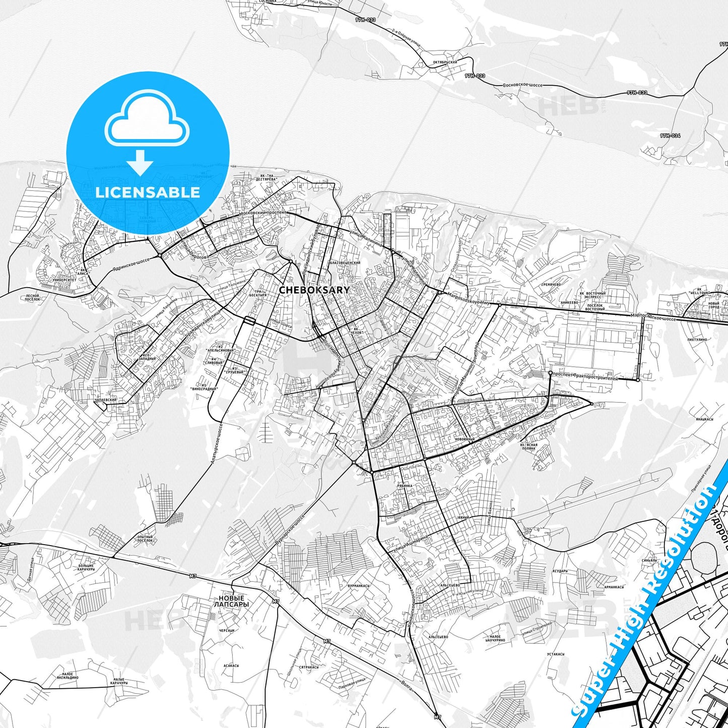 Cheboksary, Russia light map with streetnames, citynames and districts