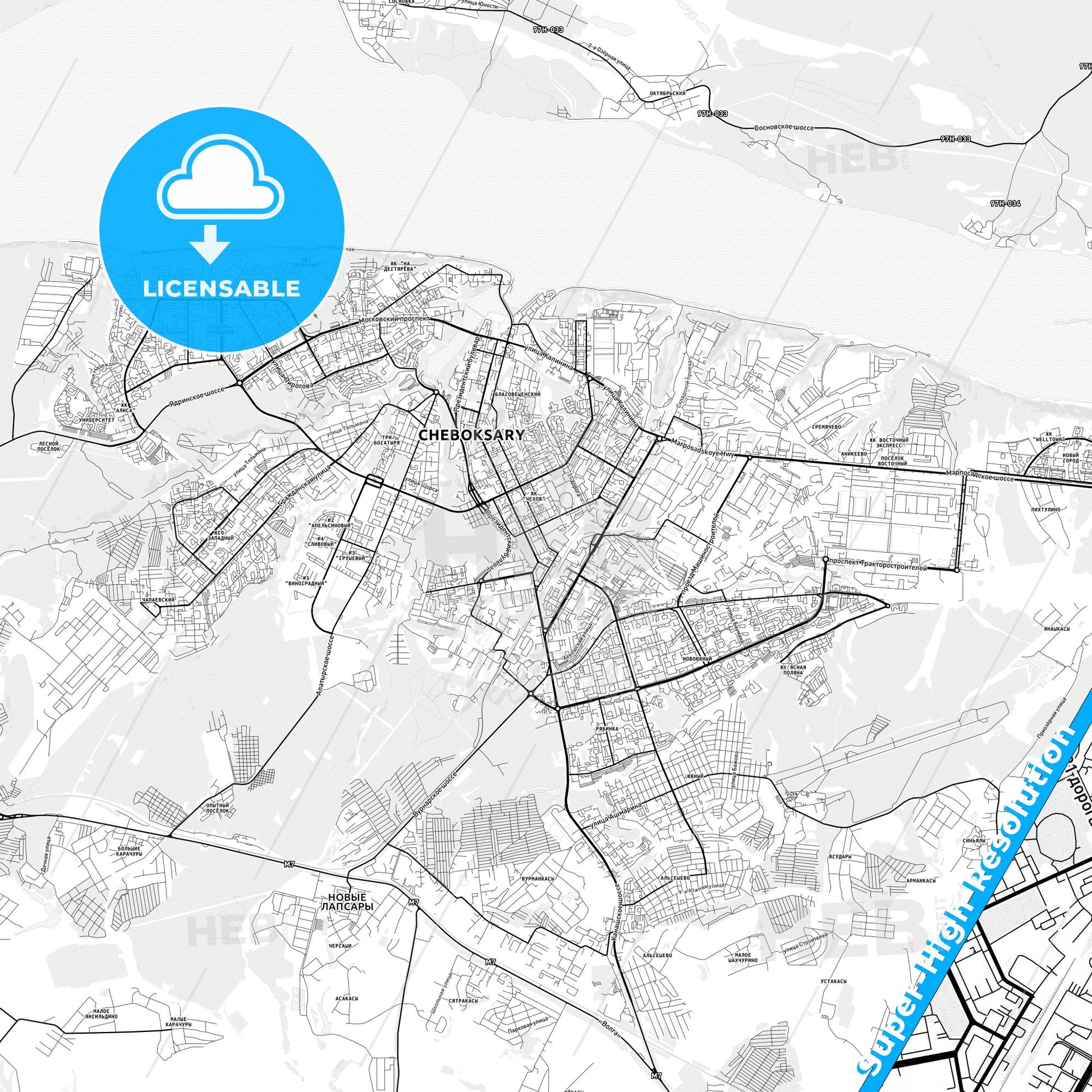Cheboksary, Russia light map with streetnames, citynames and districts