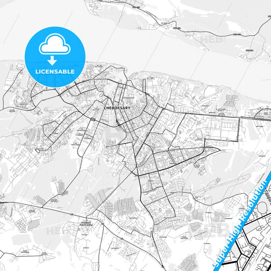 Cheboksary, Russia light map with streetnames, citynames and districts