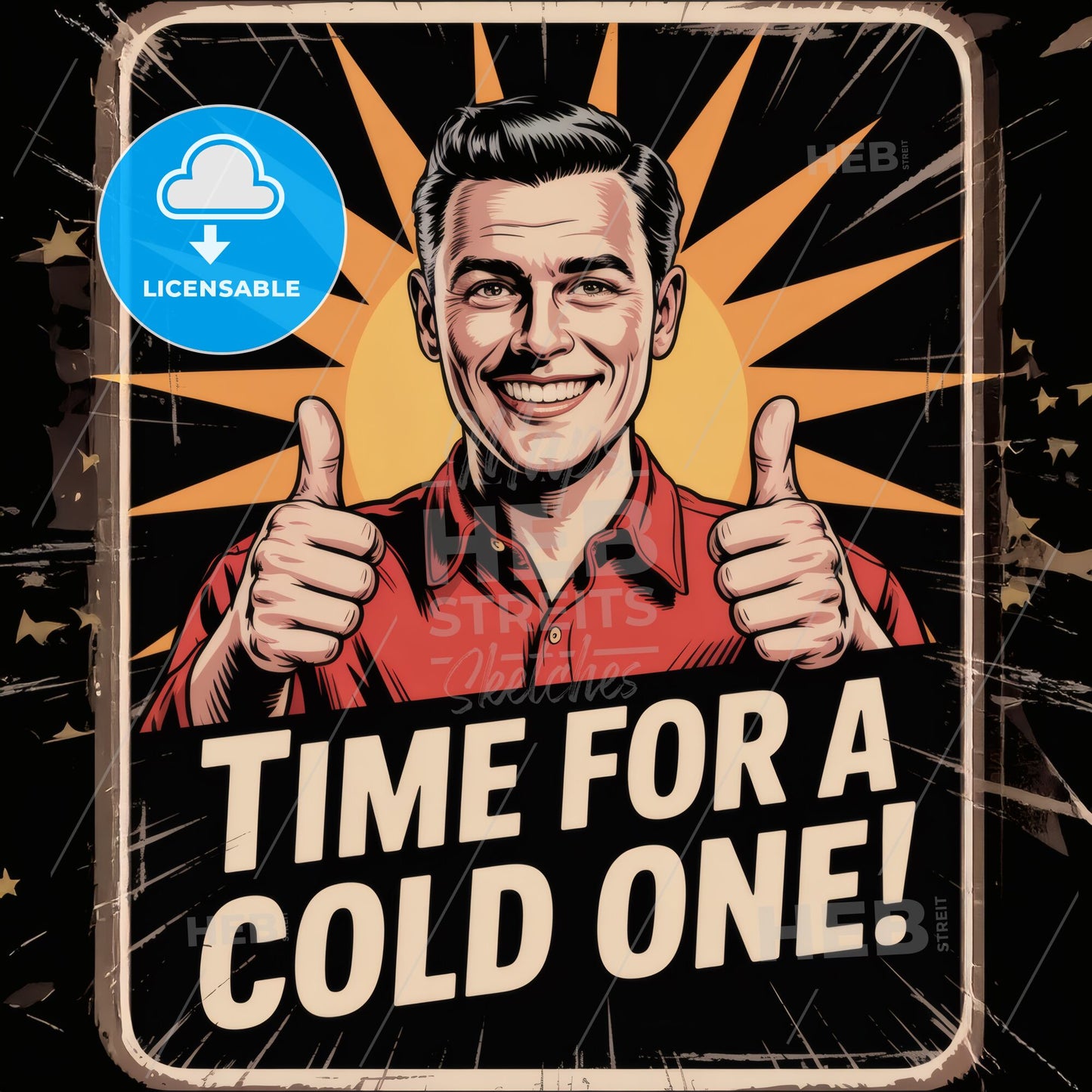 Cheerful Man Celebrating with Thumbs Up, Promoting Refreshing Drinks in a Vintage Style Poster.