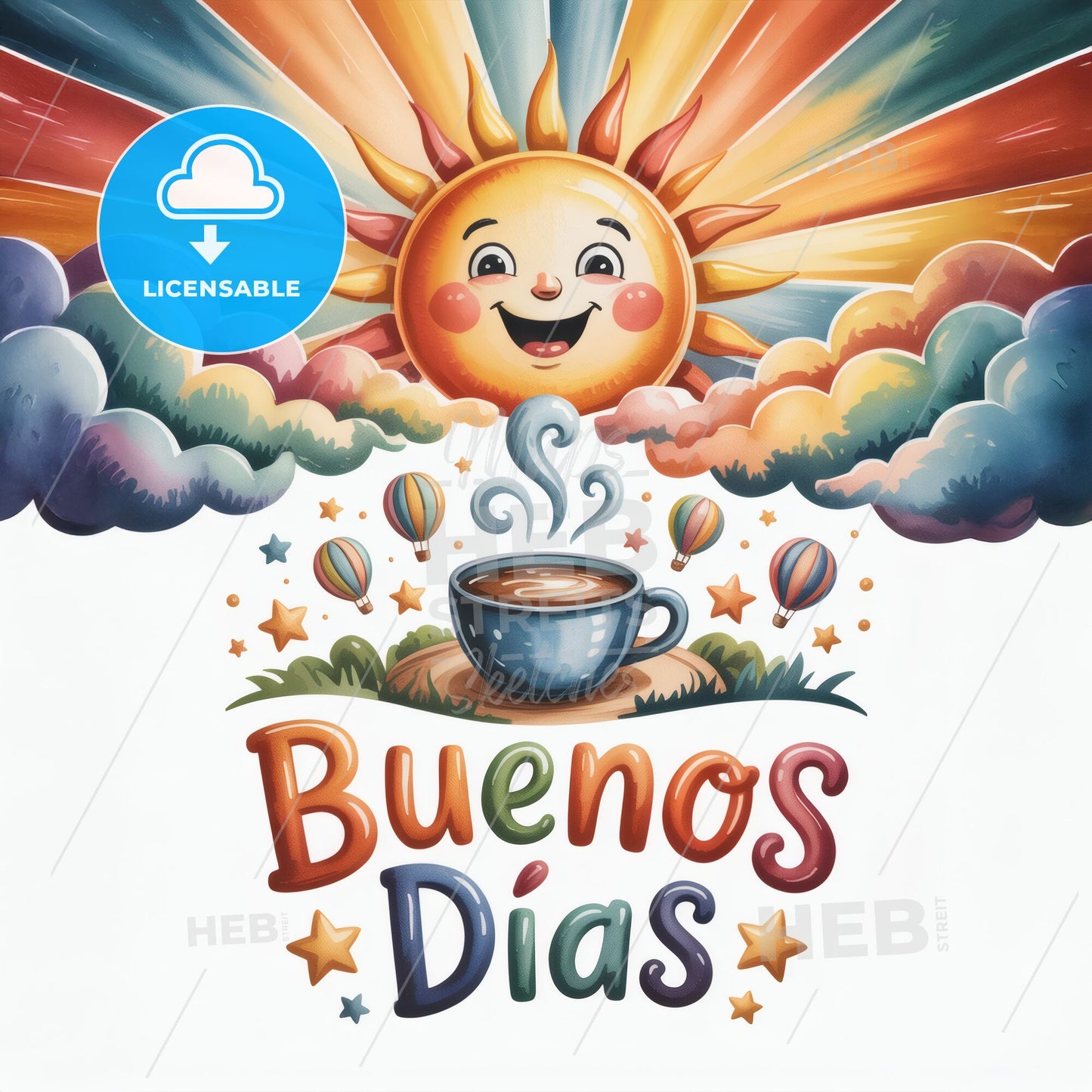 Cheerful Morning Scene with Sunrise, Coffee, and Colorful Hot Air Balloons Saying 'Buenos Días'.