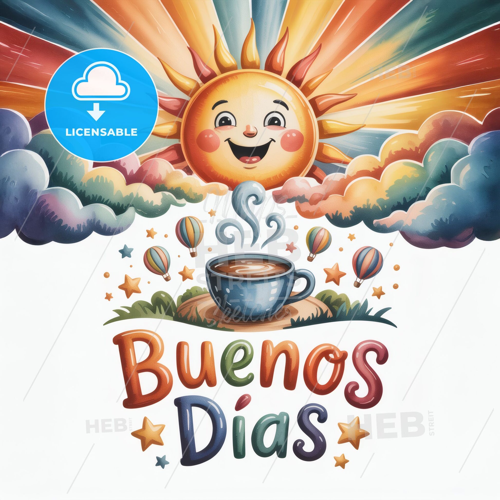 Cheerful Morning Scene with Sunrise, Coffee, and Colorful Hot Air Balloons Saying 'Buenos Días'.